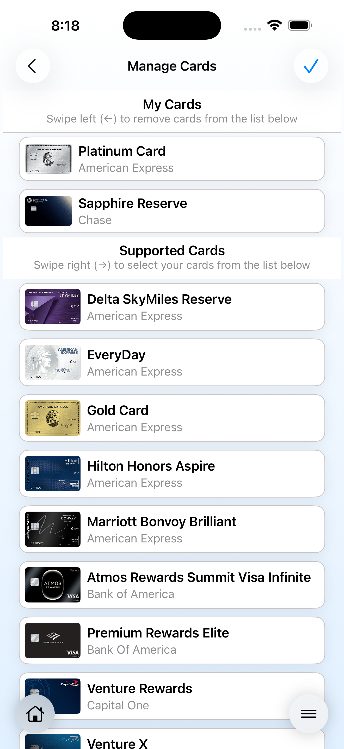Screenshot of the My Perks Manage Cards page