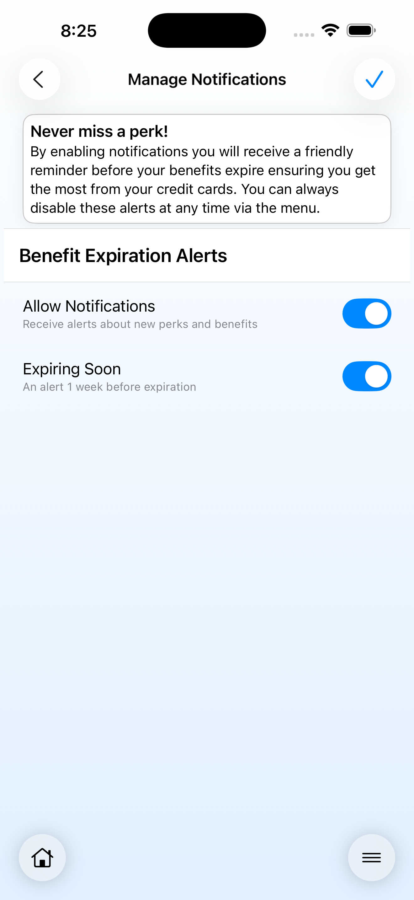 Screenshot of the My Perks Manage Notifications page