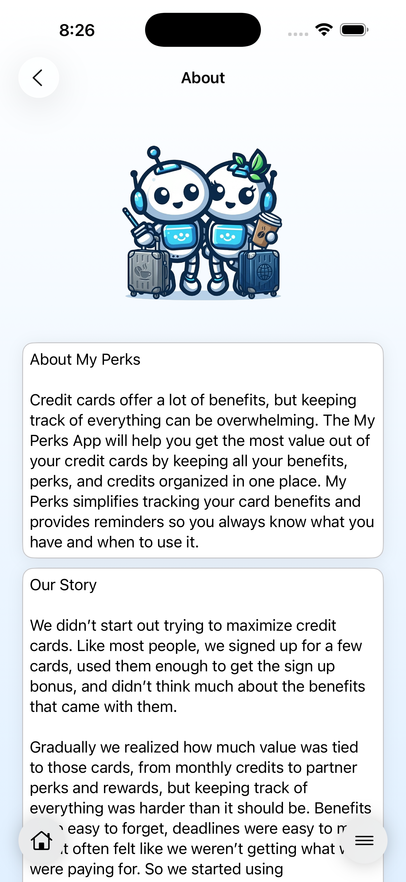 Screenshot of the My Perks About Us page