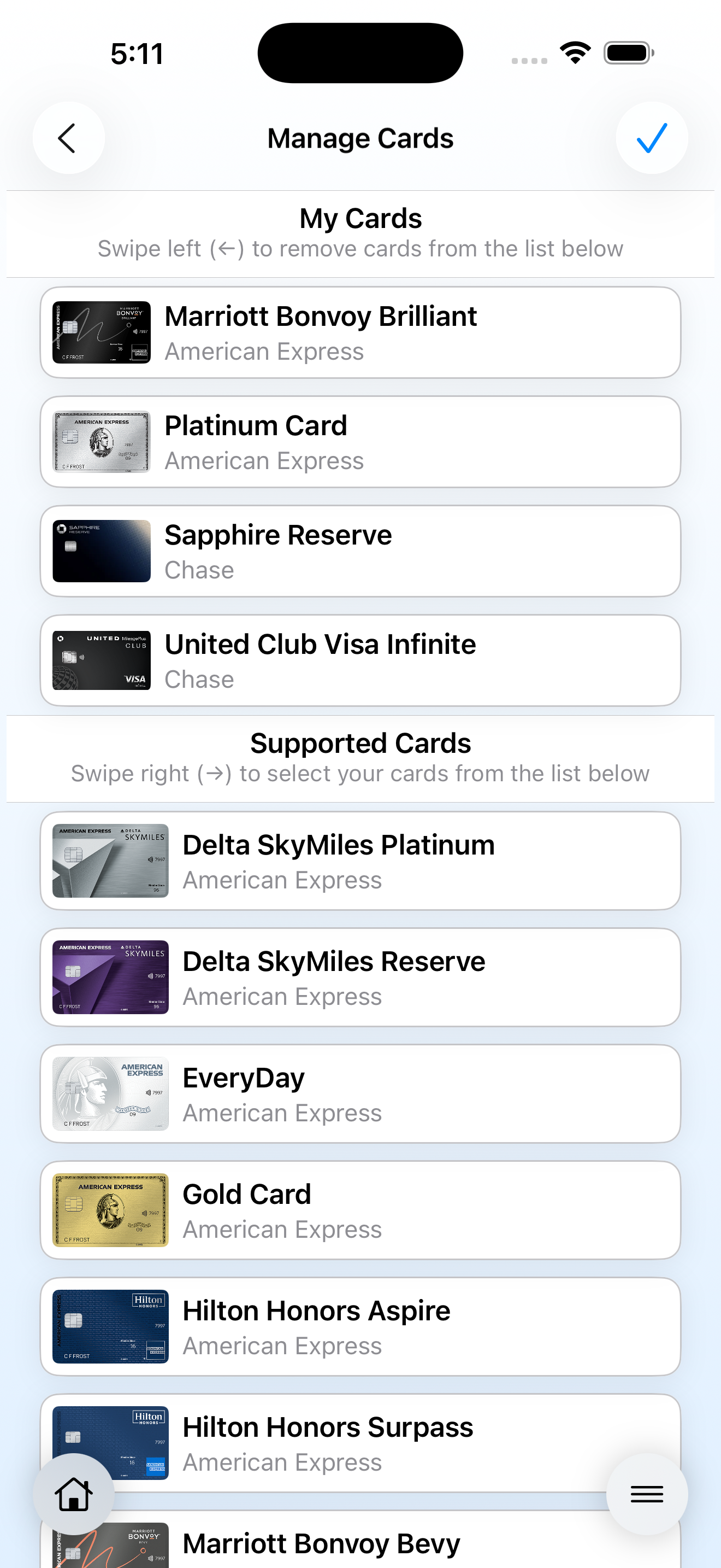 Screenshot of the My Perks Manage Cards page