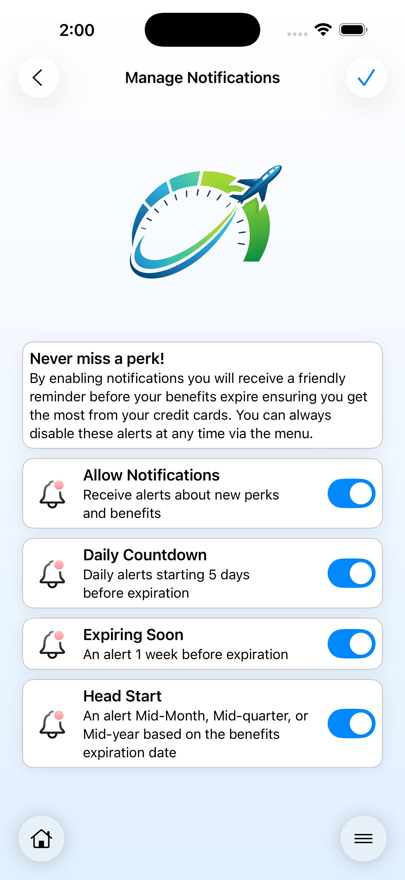 Screenshot of the My Perks Manage Notifications page